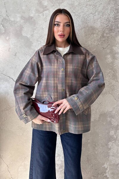 WeShaya Brown Plaid Jacket with Garnished Collar