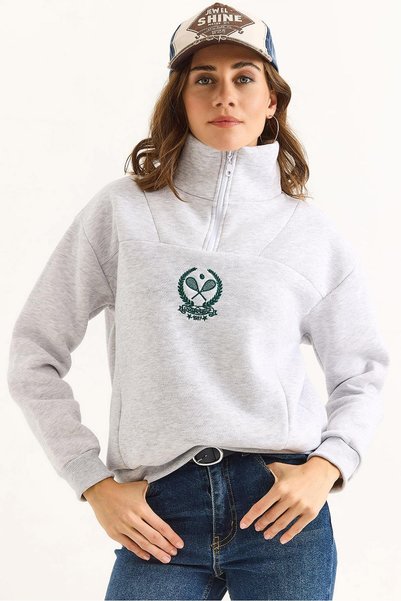 WeShaya Gray Mock Neck Zipper Sweatshirt, 3-Ply, Rib Knit, Knit, Drop-Shoulder
