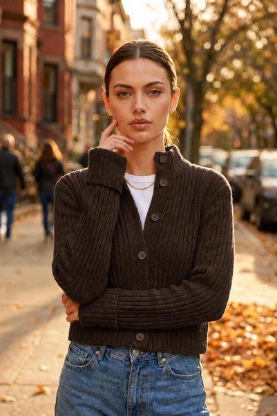 we-rayss Yumuşak Dokulu, Crop Model, Düğme Kapamalı Kahverengi Renk Yumoş Hırka