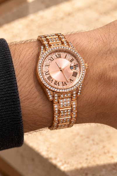 laria jewelry ساعة رجالية مرصعة بالكريستالات مع تقويم.