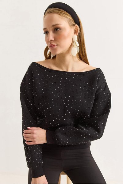 WeShaya Black Stone-Printed Boat Neck Sweatshirt, Relaxed Fit, 3-Ply, Brushed...