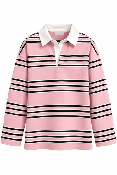 WeShaya Pink Striped Polo Collar Sweatshirt, Relaxed Fit, Knit, Drop-Shoulder...
