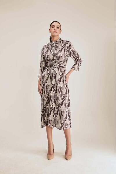 Tenda Printed Shirt Midi Dress with Back Bow Brown & Grey