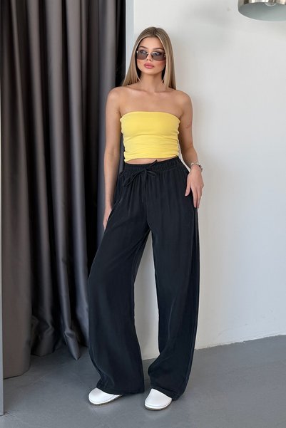 GİYSA Women's Adjustable-Waist, Double-Pocket, Wide-Leg Pants, Black - MW0001515