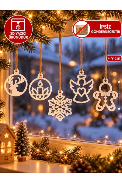 Filkorium3D 5’li Noel Yılbaşı Ağaç Süsü Seti Kar Tanesi Melek Geyik Mum Kurabiye Adam 3D Baskı Plastik Dekor