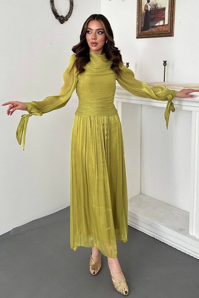 WeShaya Oil Green Dress with Gathered Detail on Cuffs and Belt