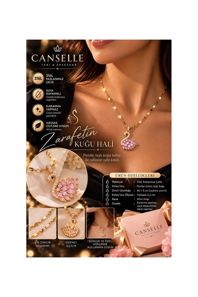316 L çelik Canselle 316L Stainless Steel Swan Necklace with Pink Stones – The Sparkling Essence of Elegance, Gold, 45 cm