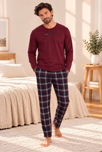 VİENETTA Pijama Bărbați Bordo Burgundy cu Imprimeu Future, Bluză cu Mânecă Lu...