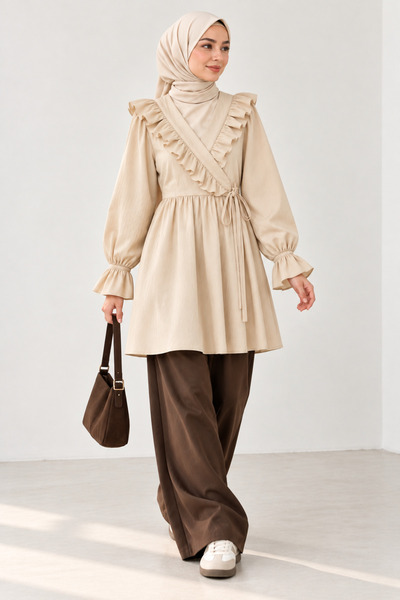 WeShaya Beige Tunic with Ruffle Detail and a Tie-Detail, Woven, Ruched
