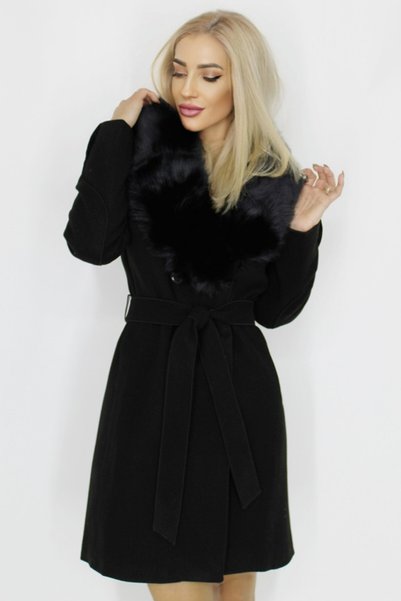 FashionForYou Ексклузивно вълнено палто с яка от косъм и връзка на талията, ч...