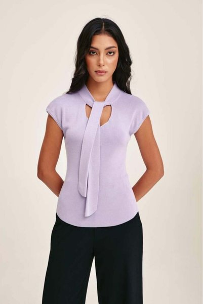 Tenda Tie Neck Short Sleeve Knitted Blouse Purple