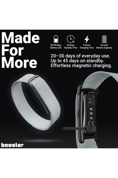 Booster Electronics Brățară inteligentă Booster Pulse, Fără ecran, Puls, SpO₂, Somn, Pași, calorii, 170+ moduri sport, Autonomie 20–30 zile, Bluetooth 5.2, Android/iOS, QWatch Pro, Curea nylon, Încărcare magnetică, 1 ATM