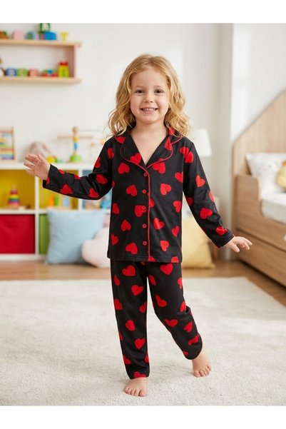 SERRASTIL GIRLS' BLACK SUEDE-LIKE COTTON PATTERNED WINTER LONG-SLEEVED PAJAMA...