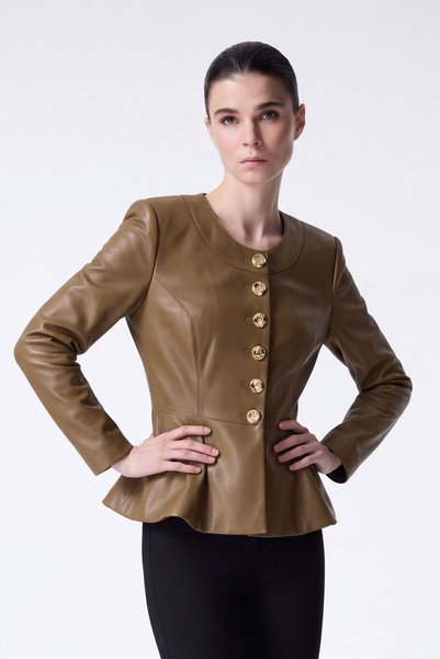 adL Kahverengi Peplum Deri Ceket