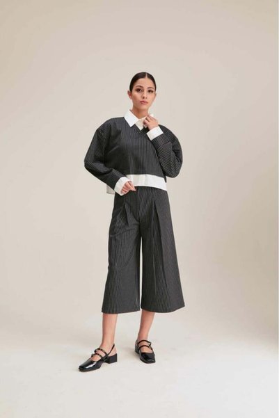 Tenda Striped Wide Leg Midi Trousers Dark Grey & White