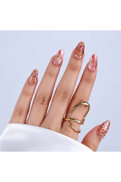 Takma Takma Altın İşlemeli Pembe Gül Nail Art Kısa Badem 15'li Tekrar Kullanı...