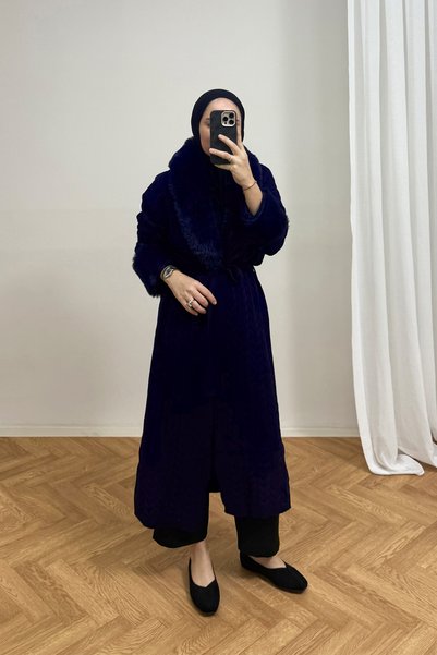 Melike Tatar Fur-Trimmed Long Knit Cardigan 92-9206