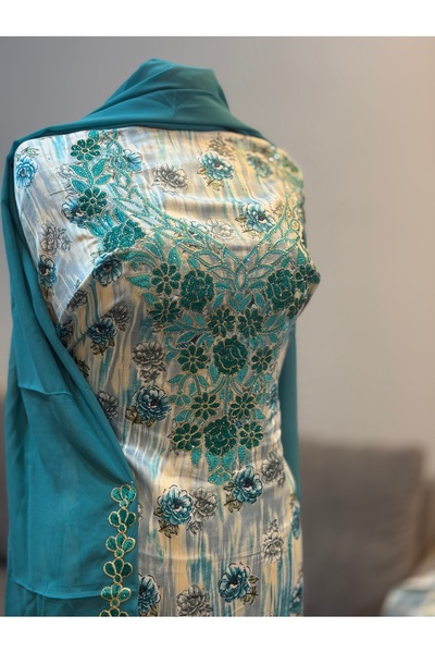 LAVEN Emirati Soft Silk Khimar Fabric with Heavy Embroidery on Chest and Slee...