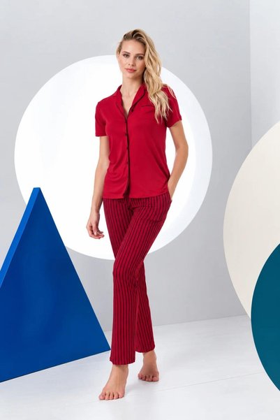 gd goldoremi Kadın Premium Çizgili Önden Düğmeli Gömlek Yaka Yumuşak Kısa Kollu Pijama Takım