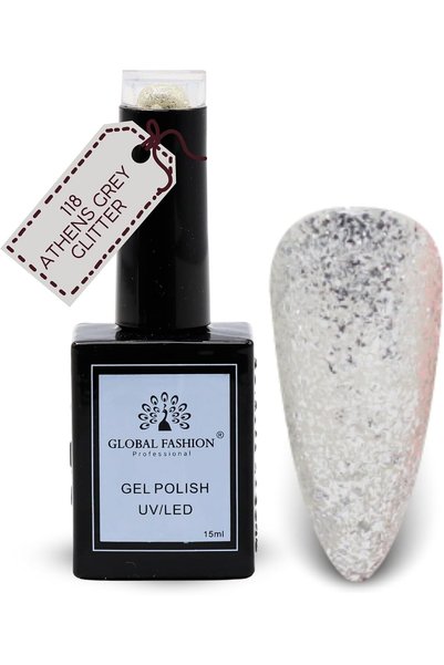 GLOBAL FASHION Professional Black Elite Gel Nail Polish 118 Athens Grey Glitt...