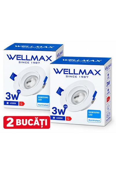 Wellmax Pachet 2 spoturi LED 3W, 6500 K, alb, rotund