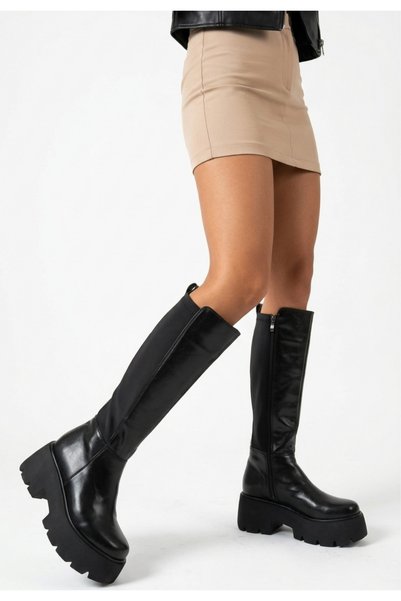 ich1one Nozo Black Leather Wedge Heel Ankle-Boots
