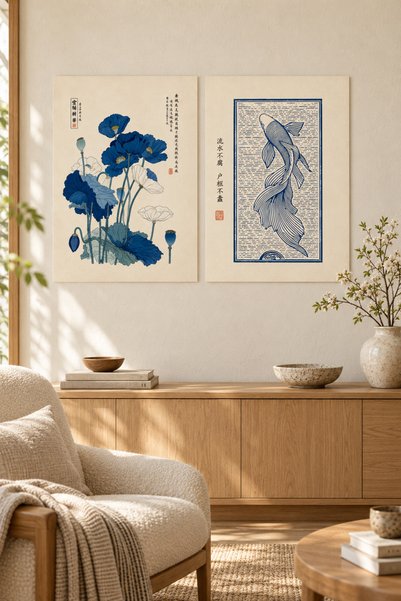 Juls Works Japon Tarzı 2'li Poster Seti, Mavi Çiçek ve Koi Balığı, Yapışkanlı...