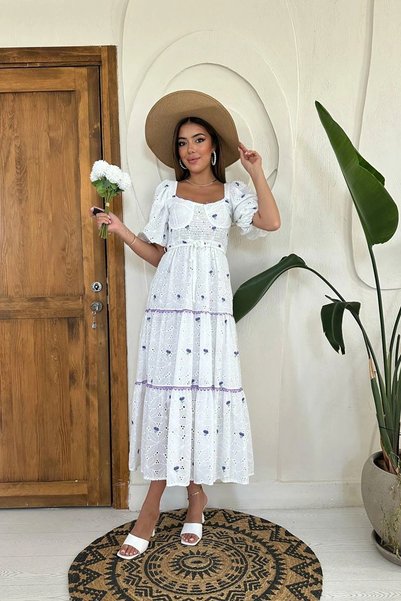 bysocafashion فستان نسائي مزين بالدانتيل والتطريز باللون البنفسجي.