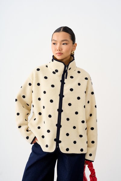 LOCCO Women's Polka Dot Print Zip-Up Fleece Jacket, Cream