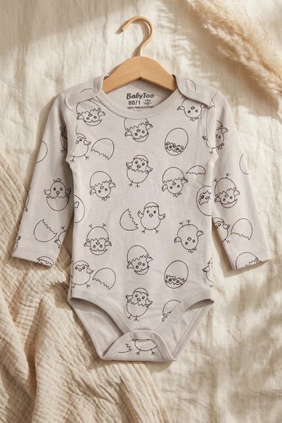 ANP MODA TASARIM 100% Natural Cotton Long-Sleeved Baby Bodysuit - Chick Patte...