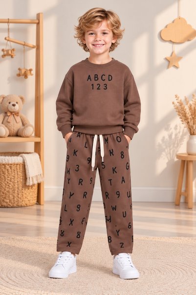 ışık kids Boys' Teddy Bear Print Sweatshirt and Sweatpants Set with Letter an...