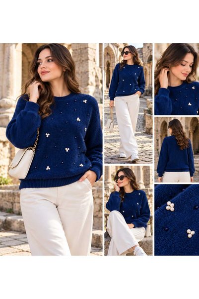 KMKkombin WOMEN'S PEARL-EMBELLISHED CYCLIST-BOAT NECK KNIT SWEATER