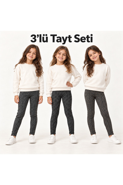 İncili Kız Çocuk Sıcak Tutan Beli Lastikli 3'lü Kışlık Tayt Paketi