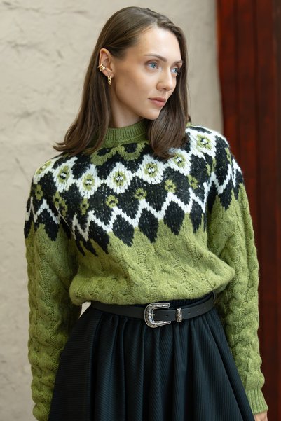 KÜÇÜĞÜM BUTİK Green-Patterned Knit Sweater