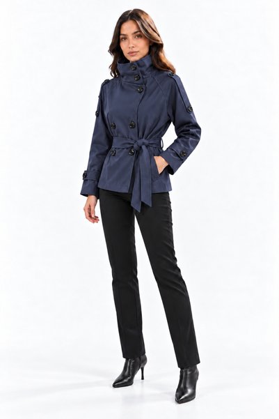 Yağızlar Giyim Women's Navy Blue Mock Neck, Epaulet, Button-Front, Lined, Bel...