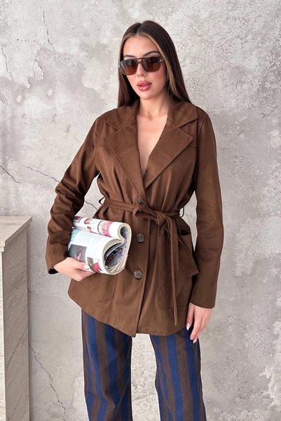 bysocafashion Women's Camel-Colored Suede Jacket with Tie-Detail