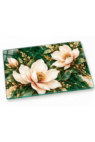 OAKY Life Emerald Magnolia Floral Print Tempered Glass Cutting Board, 35x25 c...