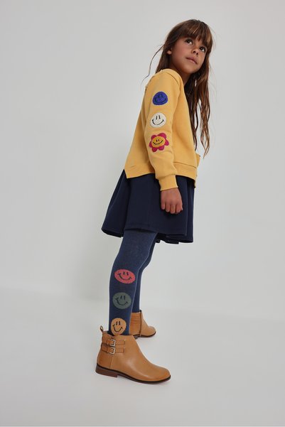 Boboli Floral Print Pantyhose, Ages 2–6, Navy Blue