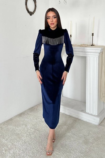 bysocafashion فستان نسائي من قماش الليكرا المخملي باللون الأزرق الداكن اللامع.