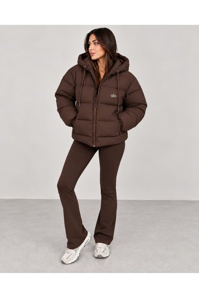Glysso ALO Women's Brown Hooded Puffer Coat with Zippered Pockets