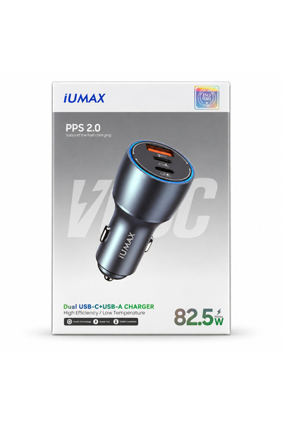 iUMAX شاحن سيارة سريع بقدرة 82.5 واط، مزود بثلاثة منافذ، ومنفذين من نوع USB-C...