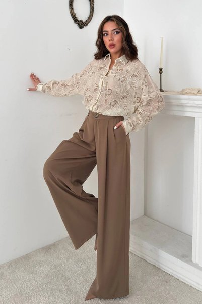 bysocafashion Women's Mocha-Colored Pleated Fabric Pants