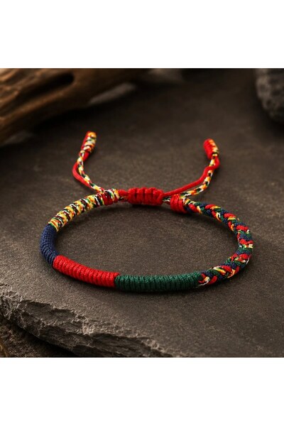 Karmashop Brățară Tibetană Unisex „Cele 5 Elemente”, Șnur Multicolor Împletit...