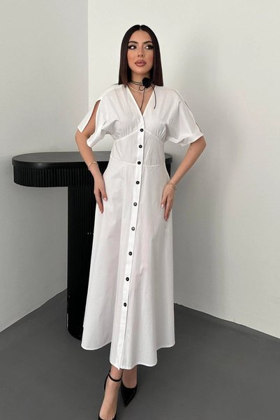 bysocafashion فستان نسائي متوسط الطول من قماش البوبلين، مزين بأزرار بيضاء، مص...