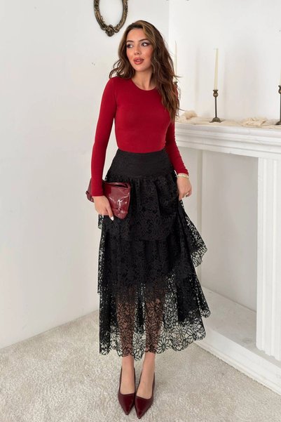 bysocafashion Women's Black Lace Layered Skirt