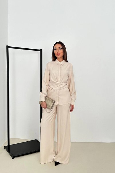 bysocafashion طقم نسائي مكون من قطعتين، بلون البيج، مصنوع من قماش الفسكوز.