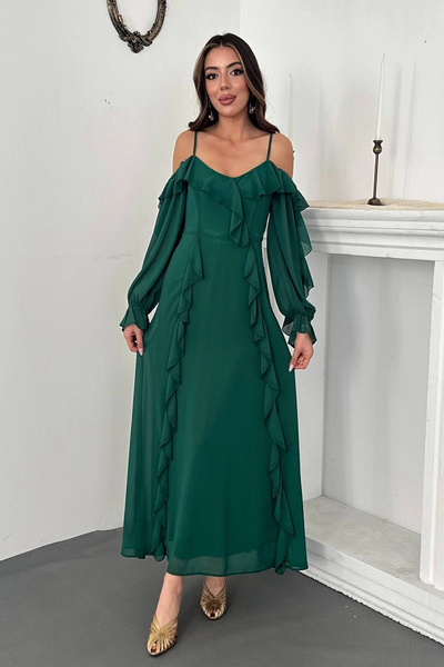 bysocafashion Women's Emerald Green Ruffled, Lined, Drapey Chiffon Dress