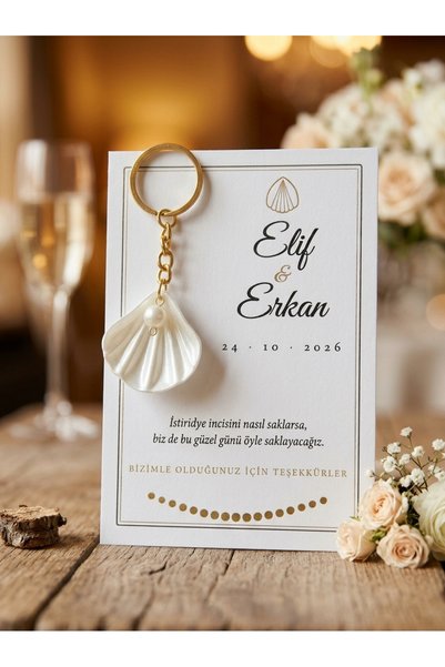 TALIADESIGN Düğün Hediyeliği 10 Adet İncili İstiridye Anahtarlık Altın Çerçeveli İsimli Kart | Kına Söz Nişan Nikah