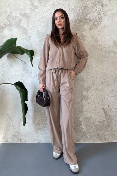 bysocafashion طقم نسائي من قماش المخمل الرقيق، بلون البيج، مبطن ببطانة من الل...