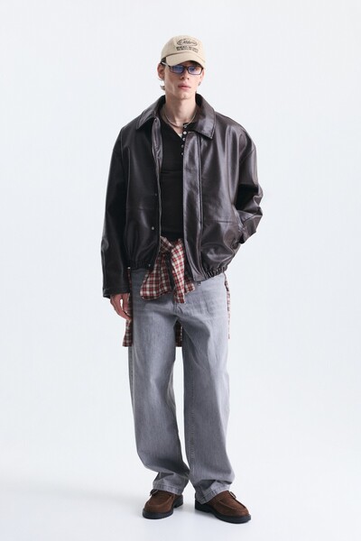 VAMOSCLO Loose-Fit Polo Collar Faux Leather Jacket